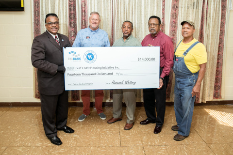 The Federal Home Loan Bank of Dallas and Hancock Whitney awarded a $14,000 grant to Gulf Coast Housing Initiative at Little Rock Missionary Baptist Church in Gulfport, Mississippi, on July 21. Pictured from left: Anthony Montgomery, director of Community Development Outreach for Hancock Whitney; Back Bay Mission Executive Director James Pennington; Pastor James Beal of Little Rock Missionary Baptist Church; Gulf Coast Housing Initiative Executive Director Everett Lewis and City of Gulfport Councilman Kenneth "Truck" Casey. (Photo: Business Wire)