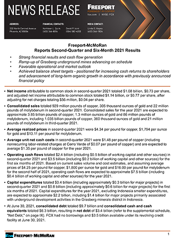 Freeport-McMoRan Reports Second-Quarter and Six-Month 2021 Results