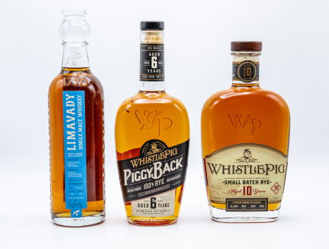 Limavady Single Barrel Irish Whiskey, WhistlePig PiggyBack Rye, WhistlePig 10 Year Small Batch Rye. (Photo: Business Wire)