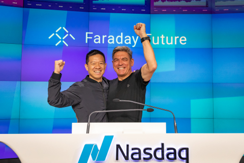Faraday Future (FF) Founder and CPUO YT Jia Joins Faraday Future Global CEO Carsten Breitfeld as FF Celebrates its First Day as a Public Company Trading on Nasdaq Under the Ticker Symbol FFIE (Photo: Business Wire)