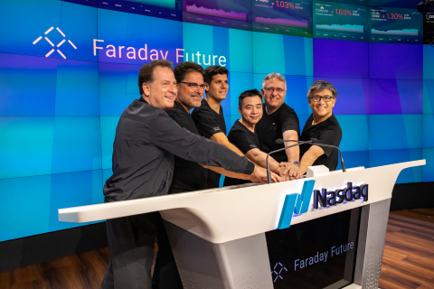 At the Nasdaq Bell Ringing Ceremony, Six Faraday Future External Partners From Different Industries Went on Stage to Ring the Bell (Photo: Business Wire)