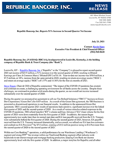 original Republic Bancorp, Inc. Reports 51% Increase in Second Quarter Net Income