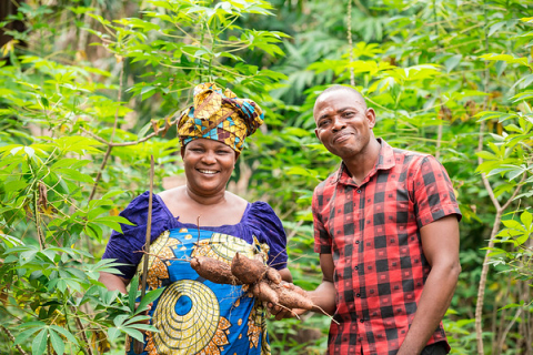 Ben-Wisdom Efe, a PIND-trained farm service provider, and Rosemary Joshson, a PIND project participant and cassava farmer, at their farm in Agbor, Delta State in Nigeria. (Graphic: Business Wire)