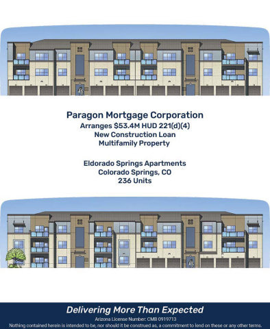 Paragon Mortgage Arranges $53.4M HUD 221(d)(4) New Construction Loan for Eldorado Springs Apartments in Colorado Springs, CO (Graphic: Business Wire)