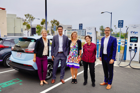 (left to right): Ariana Vito, Sustainability Analyst, Transportation Electrification of City of Santa Monica, Hannon Rasool, Deputy Director of California Energy Commission’s (CEC) Fuel & Transportation Division, Cathy Zoi, CEO of EVgo, Sue Himmelrich, City of Santa Monica Mayor, and Aaron Wolff, Manager, EV Charging & Infrastructure for General Motors (Photo: Business Wire)
