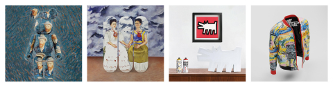 From left to right:
1) Medicom Toy collaboration BE@RBRICK / Van Gogh Museum.
2) Musart Skateboard Triptych collaboration / Banco de México - Diego Rivera Frida Kahlo Museums Trust.
3) Medicom Toy collaboration / Keith Haring Foundation. 
4) Reason Clothing collaboration / Basquiat Estate.
(Photo: Musart)