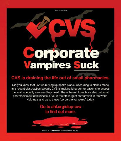 The advocacy campaign and ad, ‘CVS: Corporate Vampires Suck’ targets CVS over its fierce anti-competitive behavior, specifically regarding its refusal to allow patients in its CVS Caremark PBM any choice in their pharmacy services. (Graphic: Business Wire)
