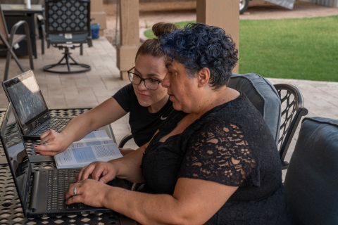On Aug. 3, 2021, Intel announced a broad expansion of its AI for Workforce Program at 18 community colleges across 11 U.S. states. Among the students enrolled in an early pilot program at Maricopa Community College in Arizona are Penny (right) and Stacy Good, a mother and daughter who live in a suburb of Phoenix. The Intel program, in partnership with Dell Technologies, aims to fill a gap in students entering the U.S. workforce with skills in artificial intelligence -- for which there is a huge demand. Says Stacy Good about her AI coursework: "I think that it opens up a lot of doors, especially for young people who are getting into the field at a young age. The jobs are pretty much uncountable.” (Credit: Evan Sprague/Intel Corporation)