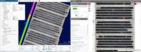 Caixas com imagens do núcleo exibidas na plataforma da Imago (direita) e no Leapfrog Geo (esquerda). O geólogo clica no traço de perfuração para exibir as fotos do núcleo correspondente no Imago, como um poço de perfuração, no caminho correto. O geólogo é capaz de validar continuamente os registros e ensaios usando as imagens originais do material rochoso.
