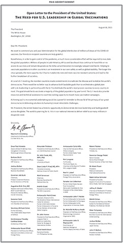 Open Letter to the President of the United States: The Need for U.S. Leadership in Global Vaccinations