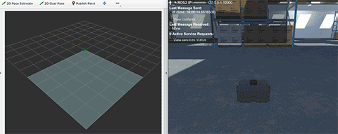 RViz is a visualization tool for ROS. On the left, we show in our AMR demo how RViz is used to visualize the TurtleBot sensor data, and assign it a destination to navigate to, while the robot then takes action in Unity to accomplish the goal of getting to the destination (on right). (Graphic: Business Wire)