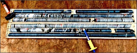 Figure 1 : Toussaint style mineralization in HMW 21-06 totaling approximately 5 metres (down hole and not necessarily true width), one of the holes submitted to Lab for fire assay. (Photo: Business Wire)