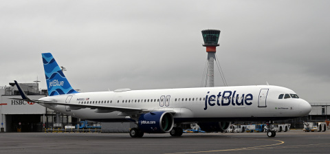 JetBlue's inaugural flight from New York-JFK to London Heathrow Airport arrives in the U.K. on August 12, 2021, marking the first-ever transatlantic service by the U.S.-based travel company. (Photo: Business Wire)