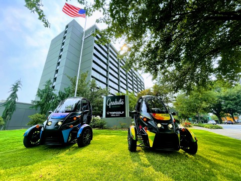 Arcimoto FUVs are now available for hotel guests to rent at Graduate Eugene, creating a one-of-a-kind experience in a one-of-a-kind property that celebrates Oregon’s lush landscapes, Pacific Northwest heritage, and the school’s famed track and field program. (Photo by Arcimoto)