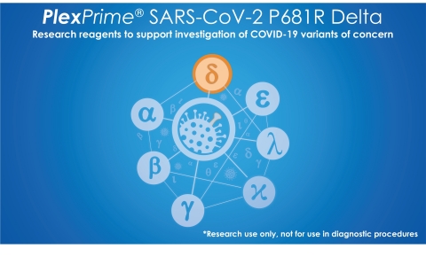 PlexPrime® SARS-CoV-2 P681R Delta is a single well research mix designed to detect the P681R spike mutation of SARS-CoV-2 found in B.1.617.2 (Delta) VOC1, in addition to an RdRp gene target of SARS-CoV-2. Compatible with standard qPCR instrumentation, the tests can be used with liquid handling automation and reduce the manual process of preparing positive samples for sequence analysis by focusing downstream activities only on key samples of interest. (Graphic: Business Wire)