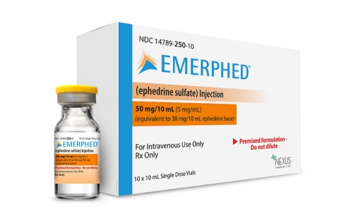 EMERPHED® Ready-To-Use Ephedrine Sulfate Injection, the first FDA-approved premixed ephedrine, was launched by Nexus Pharmaceuticals in 2020. (Photo: Business Wire)