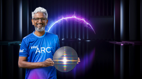 Raja Koduri, Intel senior vice president and general manager of the Accelerated Computing Systems and Graphics Group, displays a wafer with Intel Arc high-performance discrete graphics hardware as part of a presentation during Intel Architecture Day 2021. The virtual event was held in August 2021. (Credit: Intel Corporation)