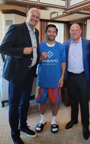 thumbnail Vasayo Founder and CEO Daniel Picou, Manny Pacquiao, and Vasayo Founder and Chairman Dallin Larsen - Photo Credit: Vasayo
