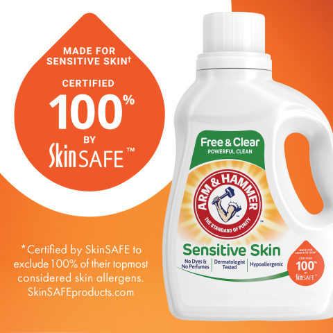 ARM & HAMMER Sensitive Skin, Free & Clear Liquid Detergent certified 100% by SkinSAFE. (Photo: Business Wire)