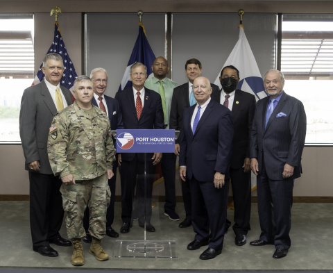 From left: Port Houston Executive Director Roger Guenther; USACE Galveston District Col. Timothy Vail; Port Houston Commissioner Clyde Fitzgerald; Congressman Brian Babin; USACE Galv. District Deputy District Engineer Byron Williams (green shirt); Congressman Jodey Arrington (back row green tie); Congressman Kevin Brady; Congressman Al Green (wearing mask); Port Houston Commissioner Roy Mease (Photo: Business Wire)