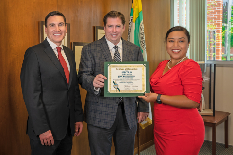 Spectrum Chemical receives Certificate of Recognition on 50th anniversary. L. to R.: Jobe Dubbs, Spectrum Chemical Vice President of Marketing, Myles Payne, Spectrum Chemical Chief Financial Officer, and City of Gardena Mayor Tasha Cerda. (Photo: Business Wire)