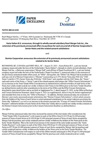 Karta Halten B V Announces Through Its Wholly Owned Subsidiary Pearl Merger Sub Inc The Extension Of Its Previously Announced Offers To Purchase For Cash Any And All Of Domtar Corporation S Senior Notes