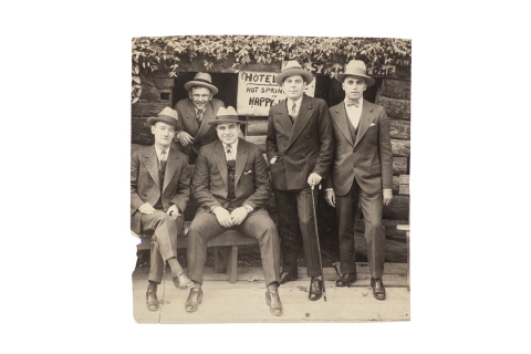 Vintage silver print photograph of Al Capone and associates at Hot Springs, Arkansas: Standing: (left) unidentified, (center) Rocco De Grazia, (right) unidentified - perhaps Frankie LaPorte. Seated: Willie Heaney, Al Capone. Circa late 1920s (Photo: Business Wire)