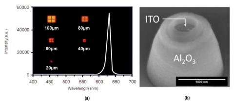 (a) 赤色マイクロLEDのElectroluminescence(EL)波長スペクトル, (b) 電子顕微鏡で見た直径1μmの青色と緑色のマイクロLED （画像：ビジネスワイヤ）