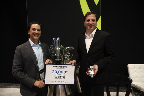 Marotta Controls CEO Patrick Marotta (L) hand delivers the aerospace and defense supplier’s 20,000th CoRe valve to Firefly Aerospace CEO Thomas E. Markusic (R) at the 36th Space Symposium. Introduced less than a decade ago, CoRe valves are rapidly growing in popularity as one of today’s only catalog solenoid valve series designed for complex commercial launch vehicles. (Photo: Business Wire)