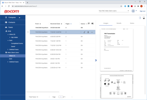 Biscom web client with enterprise features that cloud fax users can access to send, receive, manage, and search for faxes. (Graphic: Business Wire)