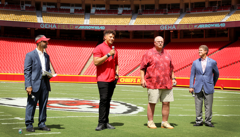 GEHA President & CEO Art Nizza, Chiefs Quarterback Patrick Mahomes, Head Coach Andy Reid, and Chairman & CEO Clark Hunt. Photo credit: Jason Wickersheim.