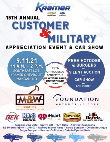 On September 11th, 2021 Kramer Chevrolet and Kramer Subaru will be hosting their 15th annual customer and military appreciation event and car show. A free-will donation is encouraged by attendees, with all proceeds benefiting the North Dakota National Guard Emergency Relief Fund. To thank customers and solicit support for those who serve(d), the community is invited to Kramer Chevrolet for complimentary food and festivities. This day also marks the 20th anniversary of the 9/11 terrorist attack, Kramer is hoping to exceed previous years’ donations for this incredible cause. (Graphic: Business Wire)