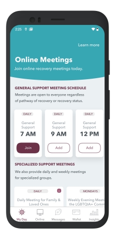 WEconnectRecovery provides access to free mobile recovery support meetings throughout the day  to accommodate every schedule, with discussions led by peer recovery support specialists who have firsthand experience and understand what members are going through. There are specialized support meetings - for harm reduction, women, family members supporting individuals living with an SUD, and the LGBTQIA+ community (Graphic: Business Wire)