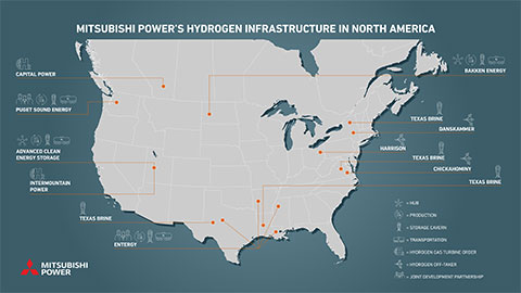 Com consultoria financeira estratégica do Citigroup Global Markets, Inc., a Mitsubishi Power continuará construindo sua infraestrutura de hidrogênio na América do Norte para fabricar hidrogênio limpo e acessível, amplamente disponível. Apresentada: infraestrutura de hidrogênio da Mitsubishi Power na América do Norte. (Crédito: Mitsubishi Power)