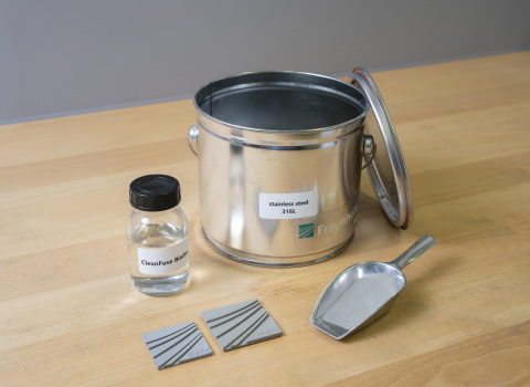 thumbnail CleanFuse™ Binder, stainless steel metal powder and 3D printed parts before (right) and after (left) sintering. © Fraunhofer IFAM (Photo: Business Wire)