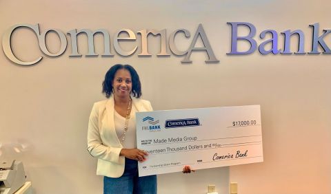 Anita C. Roberts, president of Made Media Group of Austin, Texas, poses with a ceremonial $17,000 check celebrating the organization’s Partnership Grant Program funding from Comerica Bank and the Federal Home Loan Bank of Dallas. (Photo: Business Wire)