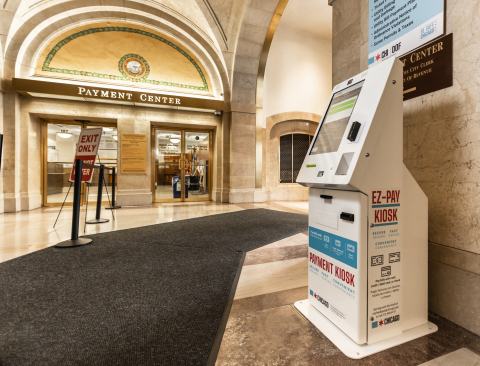 Chicago's more than 70 payment kiosks provide self-service access in downtown and neighborhood locations, where residents can pay for water bills, parking tickets, taxes, and more. Photo by Kyle Flubacker, courtesy CityBase.