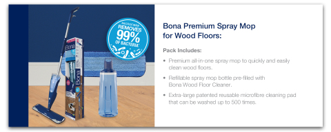 The Bona Premium Spray Mop is available for wood, hard-surface and oiled wood floors. Tested to offer the highest level of clean each mop includes Bona’s unique, pH neutral cleaning formulation that is safe for floors, streak free, GREENGUARD Certified, and recommended by professional flooring contractors. (Photo: Business Wire)