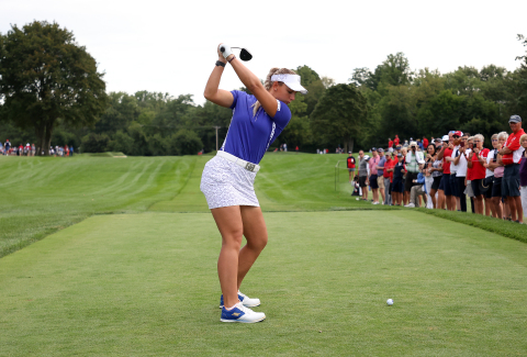original Danish pro golfer Emily Pedersen tees off in Skechers GO GOLF Elite 3™ footwear at the 2021 Solheim Cup. (Photo: Business Wire)