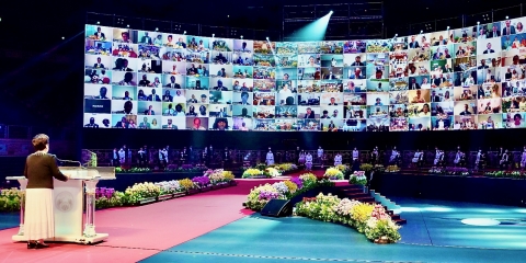 Dr. Hak Ja Han Moon, co-founder of the Universal Peace Federation addressing the global audience during the virtual 6th Rally of Hope and the launching of “THINK TANK 2022” (Photo: Business Wire)
