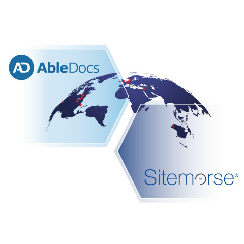 The AbleDocs Inc. and Sitemorse company logos coming together over a globe, with red markers to represent current AbleDocs locations around the world. (Graphic: Business Wire)