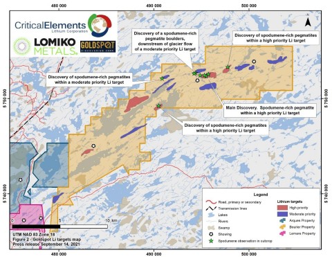 Figure 2: Lithium targets and location of new spodumene-rich pegmatites within Critical Elements and Lomiko Metals’ Bourier claims. (Graphic: Business Wire)