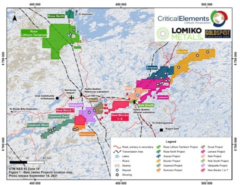 Figure 1: Location of Critical Elements' projects, Eeyou Istchee, James Bay, Québec. Critical Elements and Lomiko Metals' Bourier project on the Northeastern part of the Nemiscau belt. (Graphic: Business Wire)