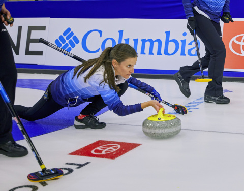 USA Curling's Tara Peterson competes on the ice in Columbia's new curling uniform. (Photo: Business Wire)
