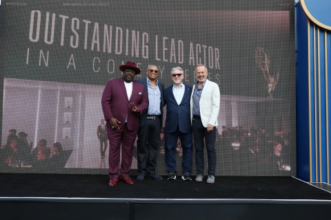 Cedric The Entertainer, Emmy Awards host, from left, Reginald Hudlin, 73rd Emmy Awards telecast executive producer; Frank Scherma, chairman and CEO of the Television Academy; and Ian Stewart, 73rd Emmy Awards telecast executive producer, revealed an exclusive look at the Emmys telecast on Sept. 15, 2021. (Photo by Danny Moloshok/Invision for the Television Academy/AP Images)