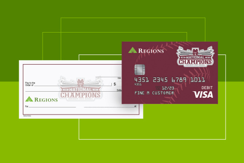 Commemorative debit card and checks are now available for Regions Bank customers to celebrate Mississippi State University’s first College World Series National Championship win. Cards and checks are available online, in Regions branches, and over the phone. (Graphic: Business Wire)