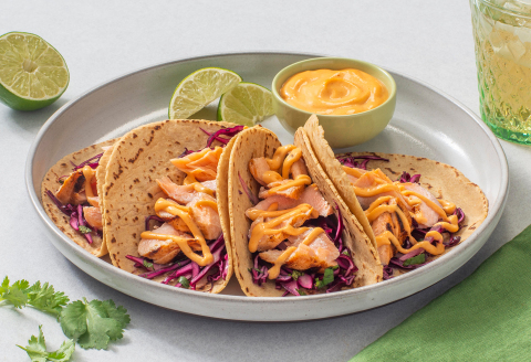 Grilled Salmon Tacos with Cilantro Lime Slaw Featuring Mission Foods' New Cauliflower Flour Tortillas. (Photo: Business Wire)