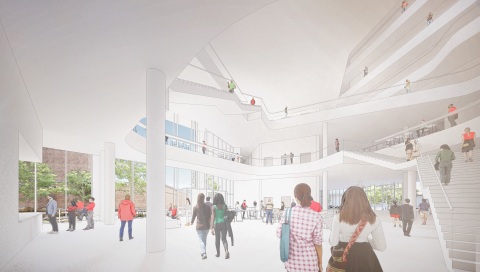 The interior of the planned School of Computer, Data & Information Sciences Building at the University of Wisconsin–Madison will be the center of the campus computer science community. Image Credit - Kahler Slater and LMN Architects