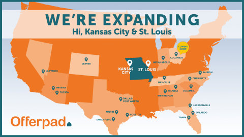 Kansas City and St. Louis, Missouri are the newest available markets for Offerpad (NYSE:OPAD), a leading tech-enabled platform for buying and selling residential real estate. Offerpad’s Real Estate Solutions Center is now available in 20 markets and nearly 1,500 cities and towns nationwide following today’s launch of its two new Midwest markets. (Graphic: Business Wire)