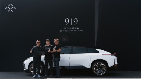 FF Founder YT Jia, Purist Group Founder Sean Lee, and FF Global CEO, Carsten Breitfeld Celebrate the Annual FF 919 Futurist Day on Sunday September 19, 2021 (Photo: Business Wire)